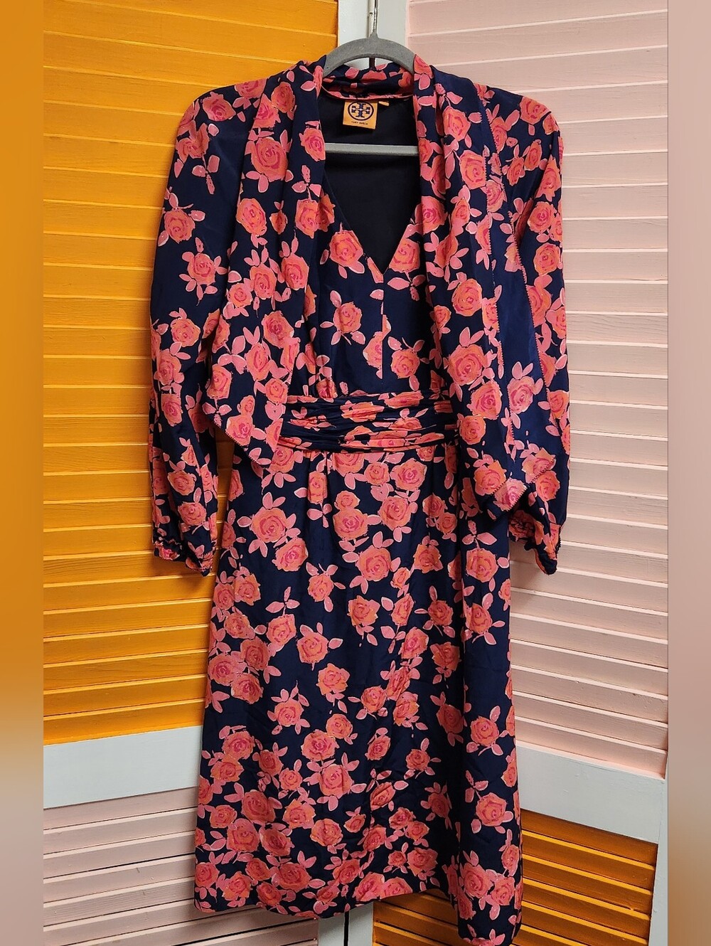 Tory Burch Navy Floral Long-Sleeve V-Neck Dress with Pink Roses